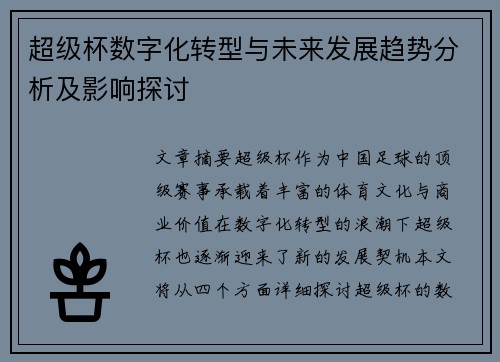超级杯数字化转型与未来发展趋势分析及影响探讨