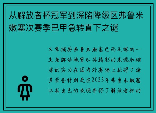 从解放者杯冠军到深陷降级区弗鲁米嫩塞次赛季巴甲急转直下之谜
