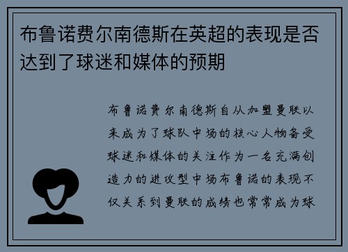 布鲁诺费尔南德斯在英超的表现是否达到了球迷和媒体的预期 布鲁诺费尔南德斯在英超的表现是否达到了球迷和媒体的预期